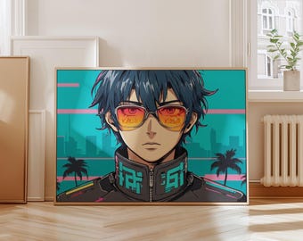 Stampa di un ragazzo anime al neon in stile cyberpunk – Arte vaporwave retrò (download digitale)