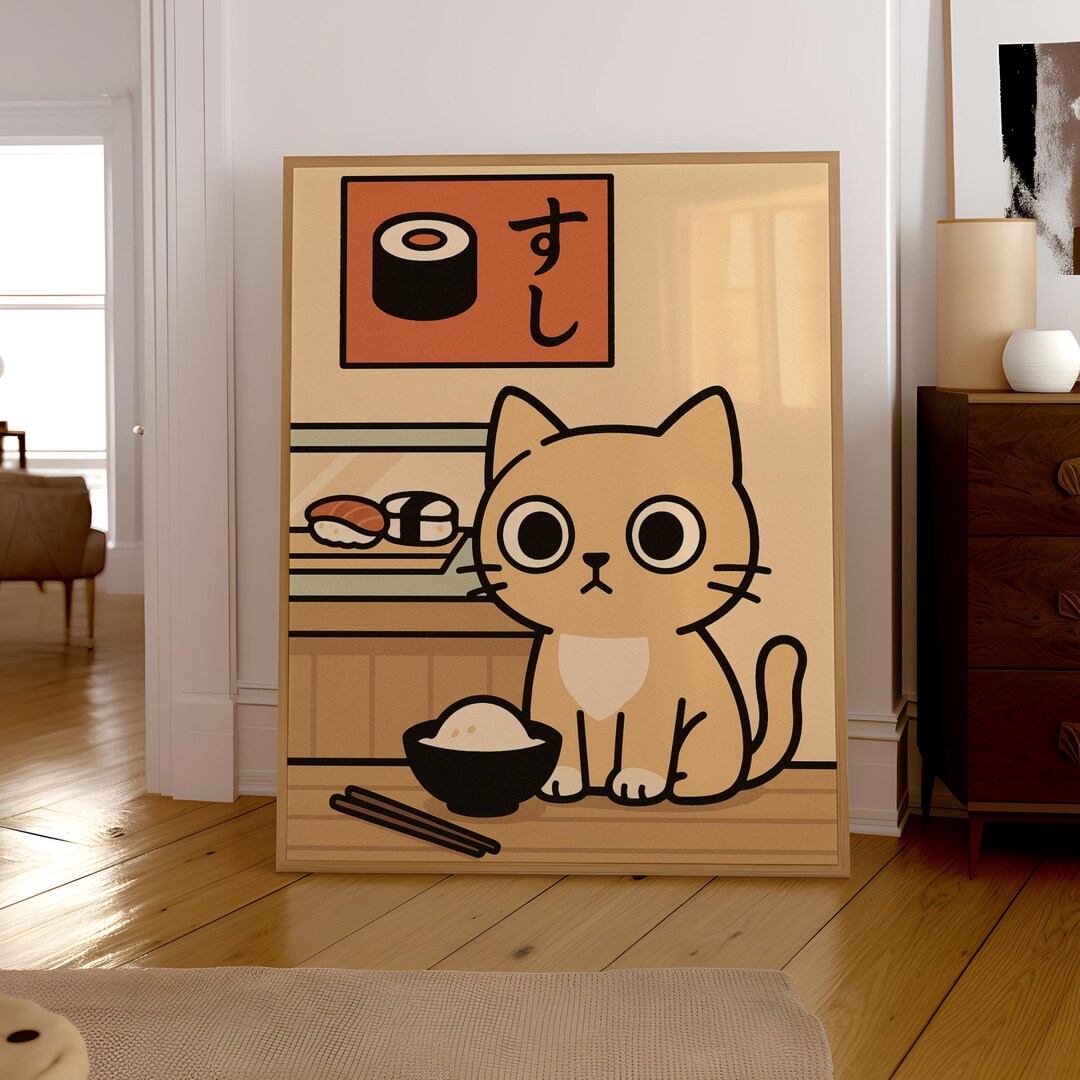 Kawaii Cat Sushi Art Print: Japanese Kitchen Decor Funny Cat Poster ...