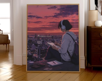Anime Sunset Art – Digital Wall Print, Chill Vibe Aesthetic Poster, Lo-Fi Decor