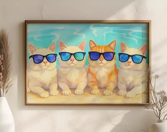 Katzen Sommer am Pool Poster, Tier Kunstdruck, Aquarell Kunst, Küsten Strand Haus Dekor, Pastell Sommer Wand Kunst, Bunt Printable