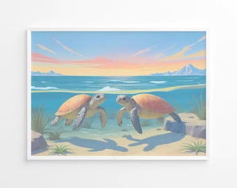 Sea Turtles Swimming Poster Art, Tropical Animal Art Print, Coastal Beach House Decor, Pastel Summer Wall Art, Colorful Ocean Poster Print