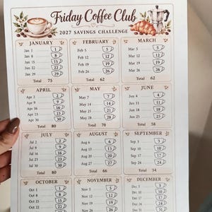 May include: A white paper savings challenge tracker titled Friday Coffee Club 2027 Savings Challenge. The layout features twelve monthly sections with dates and coffee cup icons for tracking, decorated with illustrations of coffee and croissants.