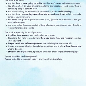 May include: Text on a white background with a blue watercolor wash. The text reads "WHO THIS BOOK IS FOR" and lists reasons why the book is for the reader, including self-reflection and inner change.
