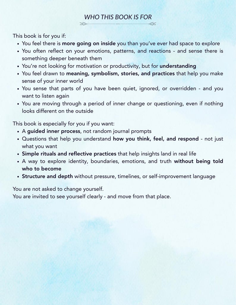 May include: Text on a white background with a blue watercolor wash. The text reads "WHO THIS BOOK IS FOR" and lists reasons why the book is for the reader, including self-reflection and inner change.