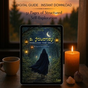 May include: A digital guide titled "a journey THROUGH THE SELF" displayed on a tablet. The image features a person walking down a path, with text that reads "51 Pages of Structured Self-Exploration" and "28 Days of Remembering". A lit candle and a cup of coffee are also present.