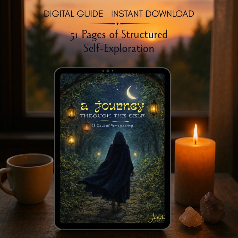 May include: A digital guide titled "a journey THROUGH THE SELF" displayed on a tablet. The image features a person walking down a path, with text that reads "51 Pages of Structured Self-Exploration" and "28 Days of Remembering". A lit candle and a cup of coffee are also present.