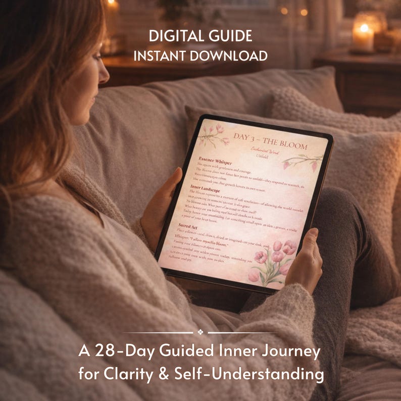 May include: A person holding a tablet displaying a digital guide titled "DAY 3 - THE BLOOM." The screen shows text and floral illustrations. The image also includes the text "DIGITAL GUIDE INSTANT DOWNLOAD" and "A 28-Day Guided Inner Journey for Clarity & Self-Understanding."