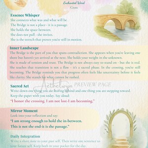 May include: A digital print titled DAY 25 - THE BRIDGE featuring watercolor illustrations of a stone bridge and an arched stone gateway. The page includes text sections titled Essence Whisper, Inner Landscape, Sacred Act, Mirror Moment, and Daily Integration, with a watermark reading Aethelwyn PREVIEW PAGE.
