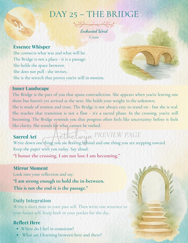 May include: A digital print titled DAY 25 - THE BRIDGE featuring watercolor illustrations of a stone bridge and an arched stone gateway. The page includes text sections titled Essence Whisper, Inner Landscape, Sacred Act, Mirror Moment, and Daily Integration, with a watermark reading Aethelwyn PREVIEW PAGE.