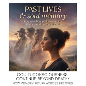 May include: An artistic image with the text "PAST LIVES & soul memory". The image features four figures in historical attire, with a woman in the foreground. The text below reads "COULD CONSCIOUSNESS CONTINUE BEYOND DEATH? HOW MEMORY RETURN ACROSS LIFETIMES."