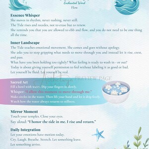 May include: A watercolor illustration with the text "DAY 8 - THE TIDE" and "Enchanted Word Flow." The image features ocean waves, a bowl of water with flowers, and a starfish. The text provides daily affirmations.