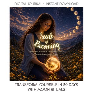 May include: Digital journal cover with the title "Seeds of Becoming" and the tagline "Whispers, Rituals & Sacred Self-Care Beneath Every Moon Phase." The image features a woman holding a glowing orb, with a moon phase graphic in the background. The text "Transform Yourself in 30 Days with Moon Rituals" is also present.