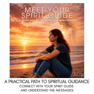 May include: Image of a woman sitting on a beach, gazing at a sunset over the ocean. The image has text that reads "MEET YOUR SPIRIT GUIDE" and "A PRACTICAL PATH TO SPIRITUAL GUIDANCE". A translucent figure is visible in the background.