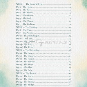May include: A page from a book with a table of contents. The title "TABLE OF CONTENTS" is at the top. The list includes titles like "The Descent Begins," "The Flame," and "The Root." The background has a watercolor effect.