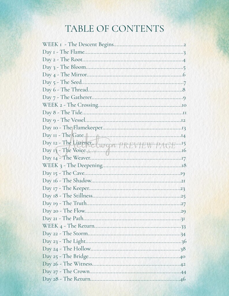 May include: A page from a book with a table of contents. The title "TABLE OF CONTENTS" is at the top. The list includes titles like "The Descent Begins," "The Flame," and "The Root." The background has a watercolor effect.