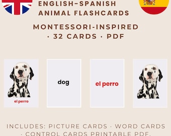 Montessori Animal Flashcards – Bilingual English Spanish – Printable PDF for Kids
