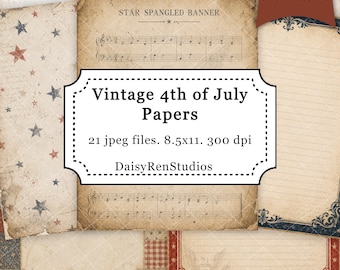 May include: A collection of vintage-style papers with patriotic themes. The papers feature faded textures, musical notes, stars, and the text "Vintage 4th of July Papers." The digital download includes 21 JPEG files, each 8.5x11 inches.
