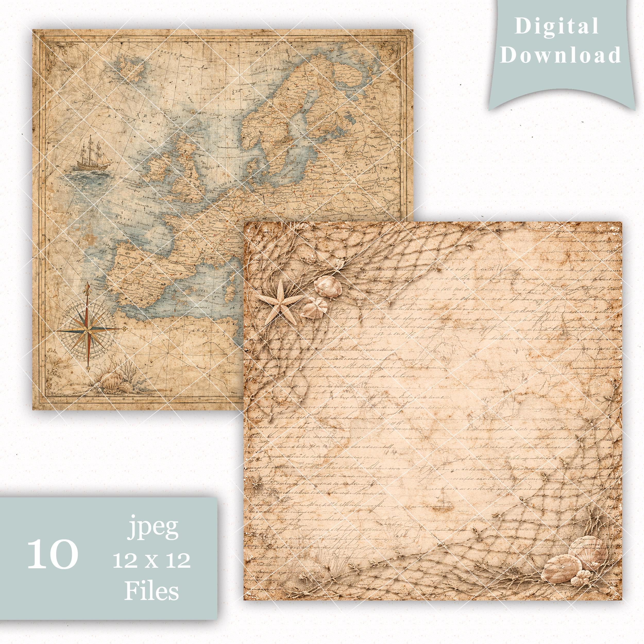 Coastal Digital Papers, Ocean Paper, Junk Journal Papers, Nautical ...