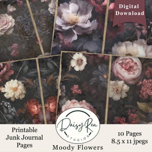 Papéis de diário Moody Flowers Junk, Papéis de diário digitais Junk, Páginas de diário em estilo vitoriano, Papel do Velho Mundo, Papel floral, Estilo vintage