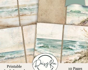 Beach Junk Journal Pages, Summer Junk Journal Paper, Ocean Paper, Scrapbook Paper, Printable Junk Journal Page, Coastal Junk Journal