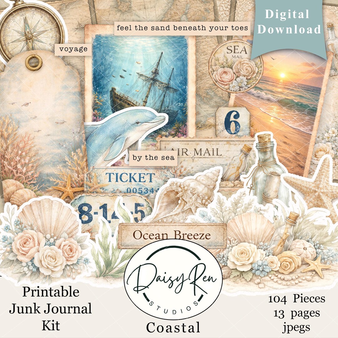 Coastal Printable Junk Journal Kit, Nautical Journal Kit, Vintage Beach ...
