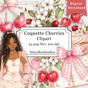 May include: Digital download graphic featuring a watercolor illustration with the text "Coquette Cherries Clipart." The image includes cherries, flowers, a girl, bows, and a cupcake. The artwork is in shades of pink and red.