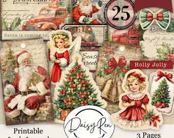 May include: A collection of vintage Christmas ephemera with Santa Claus, Christmas trees, angels, and decorative elements. Includes a postcard, tags, and stickers with the text "Santa is coming to" and "Holly Jolly". The digital download includes 3 pages, 8.5 x 11 jpegs.