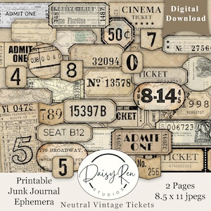 Puede incluir: Un collage de boletos de estilo vintage en varias formas y tamaños, con números, texto y texturas de papel envejecido. Los boletos incluyen las palabras "ADMIT ONE", "TICKET" y "CINEMA". La imagen también incluye el texto "Digital Download".