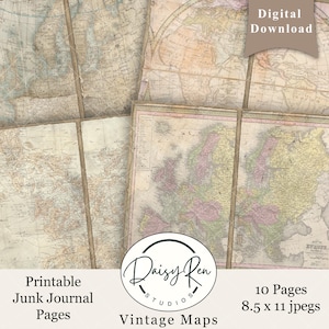 Vintage Map Junk Journal Papers, Map Journal Pages, Printable Junk Journal Paper, Distressed Map Junk Journal Pages, Aged Paper, Vintage Map