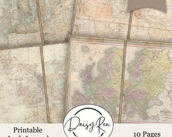 Vintage Map Junk Journal Papers, Map Journal Pages, Printable Junk Journal Paper, Distressed Map Junk Journal Pages, Aged Paper, Vintage Map