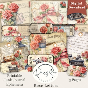 Rote Rose Buchstaben Junk Journal Ephemera, Rosen Junk Journal Kit, Printable Junk Journal Kit, Junk Journal Tags, Postkarte Ephemera, Tickets