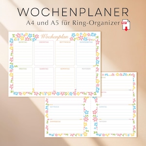 Könnte beinhalten: Ein Wochenplaner mit dem Text "WOCHENPLANER" und "Wochenplan" auf Deutsch. Der Planer hat einen floralen Rand in Pastellfarben und enthält Abschnitte für jeden Wochentag und Notizen. Erhältlich in den Größen A4 und A5.