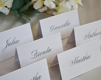 Tarjetas de lugar de boda con caligrafía manuscrita / Tarjetas de nombre de invitados plegables de satén / Juego de 10