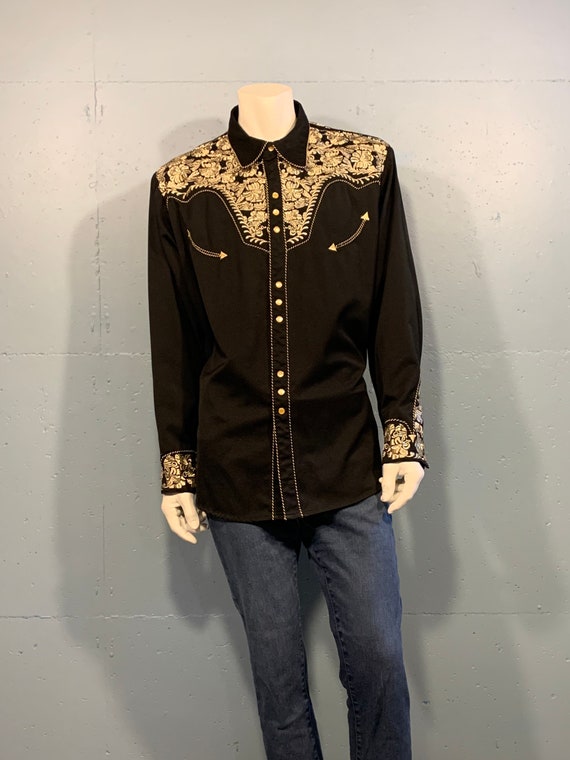 90s Scully black gold brocade western shirt embroi