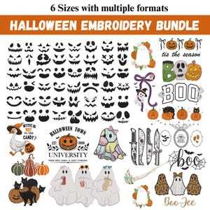 Op de afbeelding: Een Halloween borduurpakket met 6 maten en meerdere formaten. De collectie bevat talloze zwarte pompoengezichten, kleurrijke spookillustraties, pompoenen, zwarte katten, messen en tekstontwerpen zoals Halloween Town University.