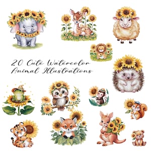 Watercolor Cute Animal  PNG,20 Cute Watercolor Animal Illustration, Baby Animals PNG, Nursery Print Png, Animals PNG
