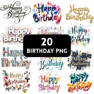 Paquete de sublimación de Feliz Cumpleaños PNG, 20 imágenes prediseñadas PNG, lindo diseño gráfico de cumpleaños, descarga digital, letras de cumpleaños, texto de grafiti