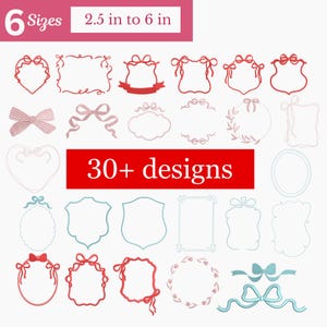 Pode incluir: Uma coleção de designs de bordado com molduras, laços e fitas em várias formas e estilos. Os designs vêm em 6 tamanhos, variando de 6,35 cm a 15,24 cm. A imagem inclui o texto "30+ designs".