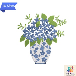 Hydrangea Vase Machine Embroidery Design, , digital embroidery ,Embroidery Hydrangea, Ginger Jar Embroidery , Blue and White Flower Pattern