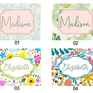 Op de afbeelding: Vier naamlabels met bloemmotieven. Twee labels tonen de naam "Madison" in een scriptlettertype, in een roze kader. De andere twee labels tonen de naam "Elizabeth" in een scriptlettertype, met een groene kader. Elk label heeft een unieke bloemenachtergrond.