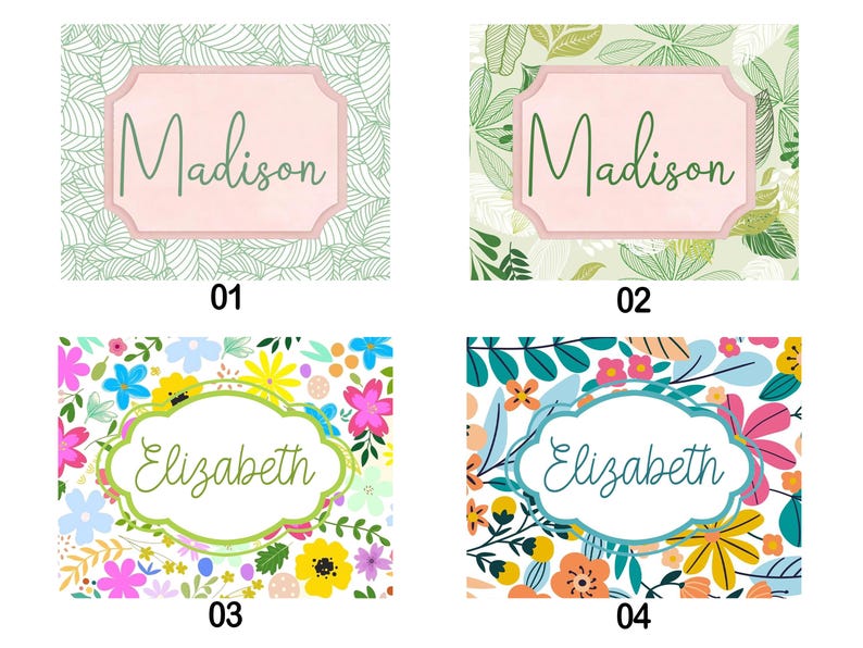 Op de afbeelding: Vier naamlabels met bloemmotieven. Twee labels tonen de naam "Madison" in een scriptlettertype, in een roze kader. De andere twee labels tonen de naam "Elizabeth" in een scriptlettertype, met een groene kader. Elk label heeft een unieke bloemenachtergrond.