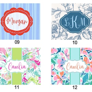 Op de afbeelding: Vier rechthoekige ontwerpen met bloemen- en streepjespatronen. Elk ontwerp heeft een centraal label met een naam of initialen. De ontwerpen bevatten de namen "Morgan" en "Camlia", en initialen "LKM". De ontwerpen zijn genummerd 09, 10, 11 en 12.