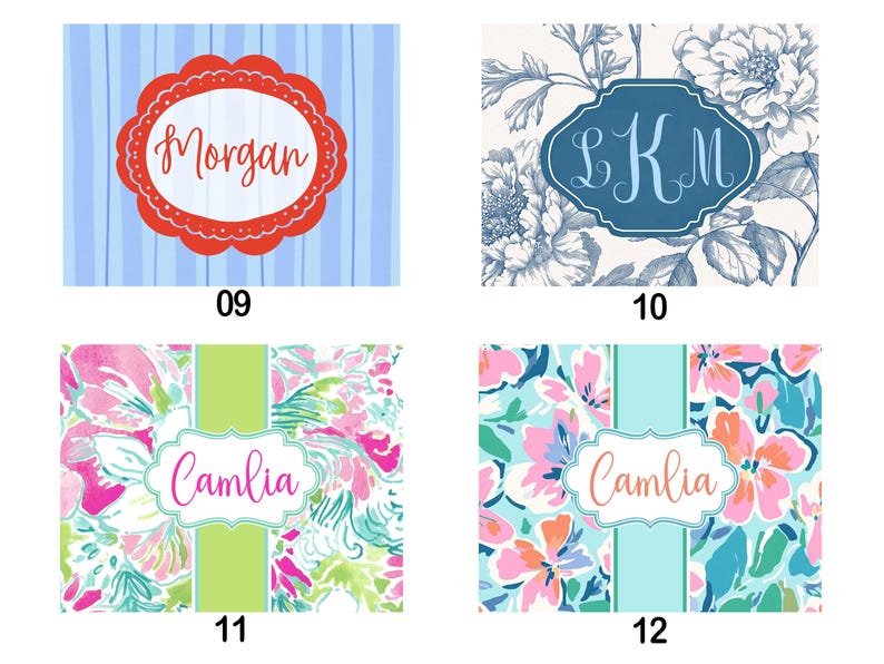 Op de afbeelding: Vier rechthoekige ontwerpen met bloemen- en streepjespatronen. Elk ontwerp heeft een centraal label met een naam of initialen. De ontwerpen bevatten de namen "Morgan" en "Camlia", en initialen "LKM". De ontwerpen zijn genummerd 09, 10, 11 en 12.