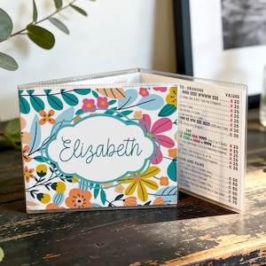 Op de afbeelding: Een gepersonaliseerde portemonnee met een bloemenpatroon. De portemonnee heeft een wit kader met de naam "Elizabeth" in cursief. Het bloemenpatroon bevat roze, gele en turquoise bloemen. De portemonnee is open en toont een lijst met waarden.
