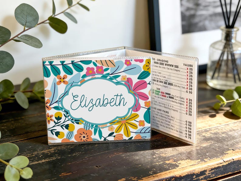 Op de afbeelding: Een gepersonaliseerde portemonnee met een bloemenpatroon. De portemonnee heeft een wit kader met de naam "Elizabeth" in cursief. Het bloemenpatroon bevat roze, gele en turquoise bloemen. De portemonnee is open en toont een lijst met waarden.