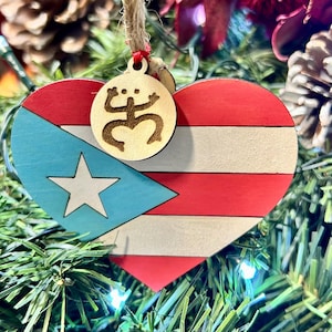 Puerto Rican Flag Ornament – Wood Heart with Taíno Coqui