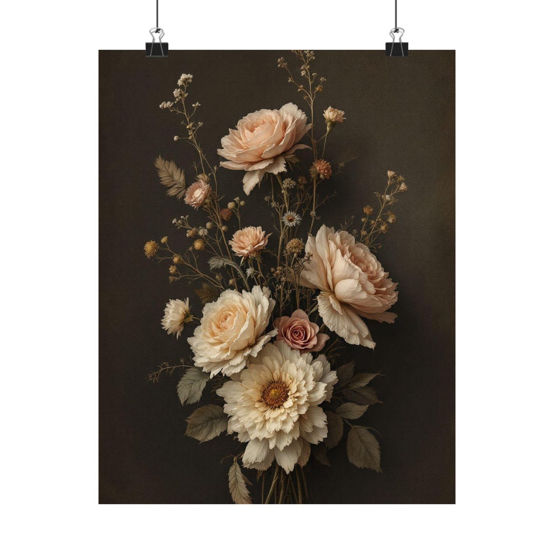 Vintage Botanical Dark Academia Wall Art Print | Moody Floral Oil ...