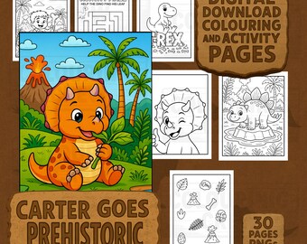 Op de afbeelding: Digitaal te downloaden kleur- en activiteitpagina's met dinosaurussen. De afbeelding bevat een kleurrijke illustratie van een Triceratops en verschillende zwart-wit kleurplaten. Tekst op de afbeelding luidt "Carter Goes Prehistoric" en "30 Pages PNGs".