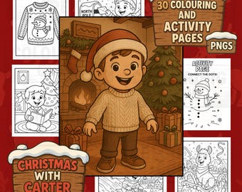 May include: A digital Christmas bundle with a cartoon boy in a Santa hat and sweater, surrounded by colouring pages and activity sheets. The bundle includes 30 colouring and activity pages, with the text "Christmas with Carter Bundle 1".