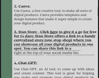 May include: Screenshot of a digital marketing document. The document lists tools like Instagram, Canva, Stan Store, and Chat-GPT for creating and promoting digital products. A vase of flowers is in the background.